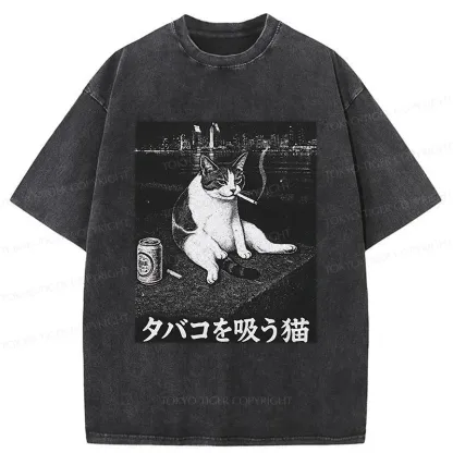 Tokyo-Tiger Smoking Cat Funny Washed T-Shirt