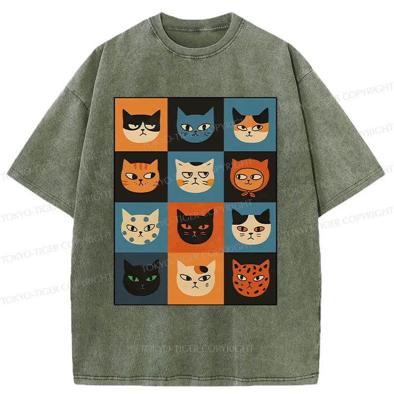 Tokyo-Tiger Cat Stamps Washed T-Shirt