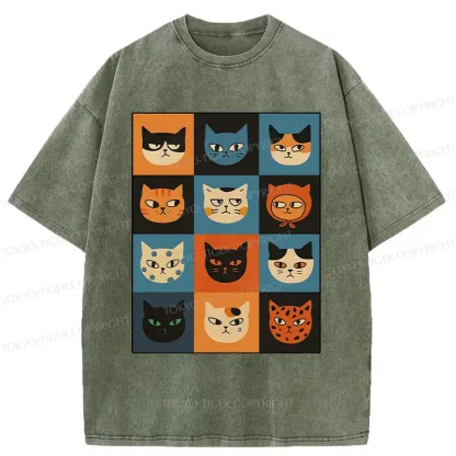 Tokyo-Tiger Cat Stamps Washed T-Shirt