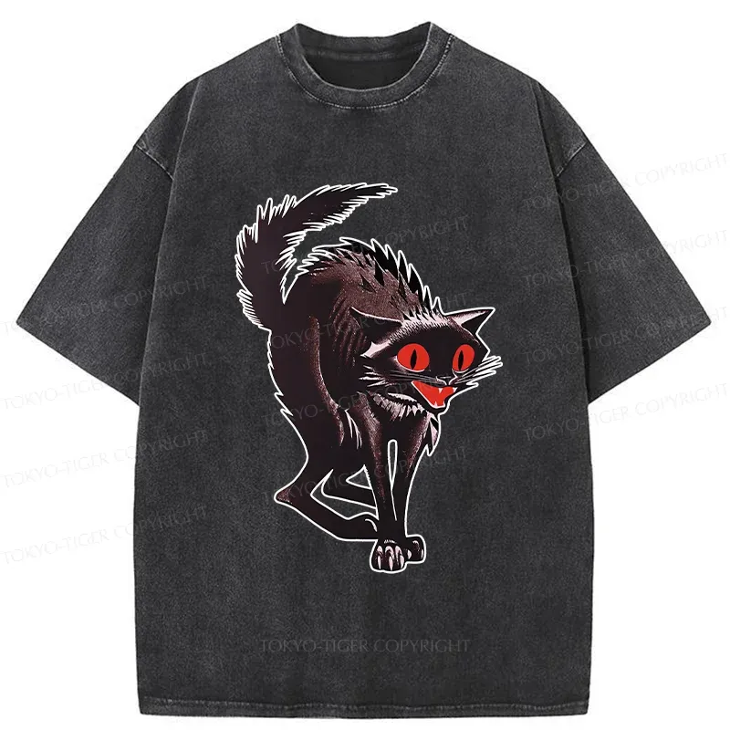 Tokyo-Tiger Halloween Scary Black Cat Washed T-Shirt