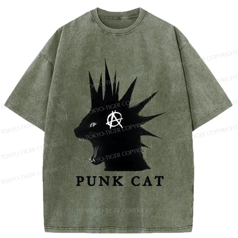 Tokyo-Tiger Punk Cat Funny Washed T-Shirt