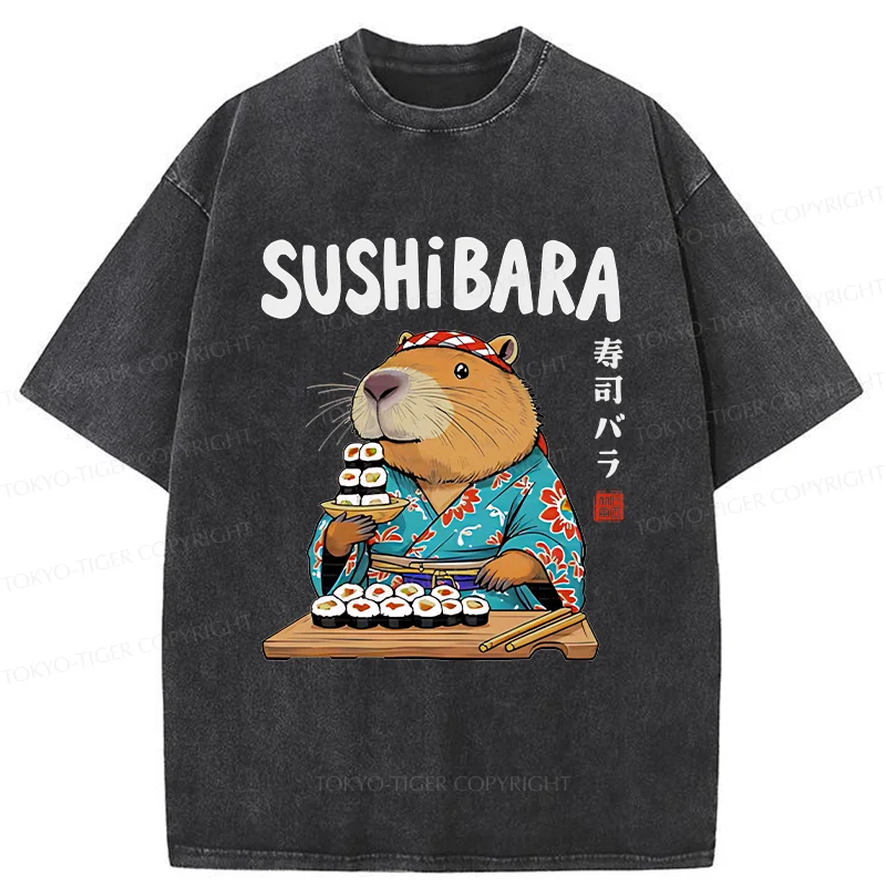 Tokyo-Tiger Capybara Sushi Chef Washed T-Shirt