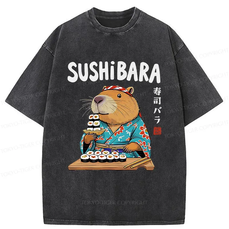 Tokyo-Tiger Capybara Sushi Chef Washed T-Shirt