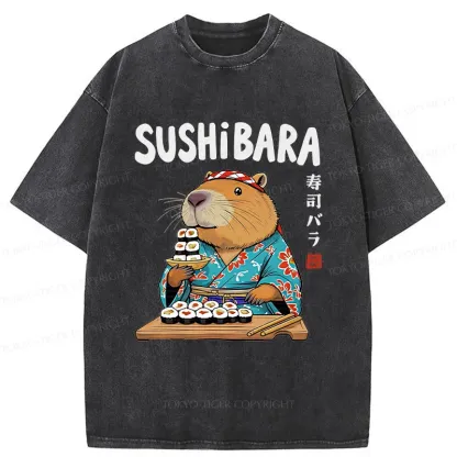 Tokyo-Tiger Capybara Sushi Chef Washed T-Shirt