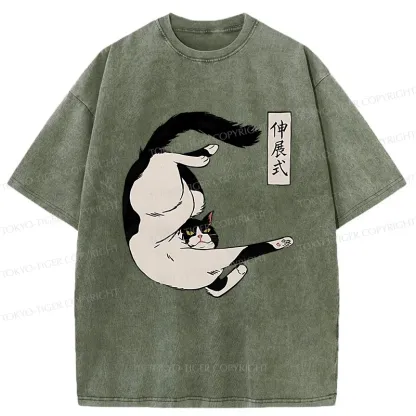 Tokyo-Tiger Supine Cat Stretch Washed T-Shirt