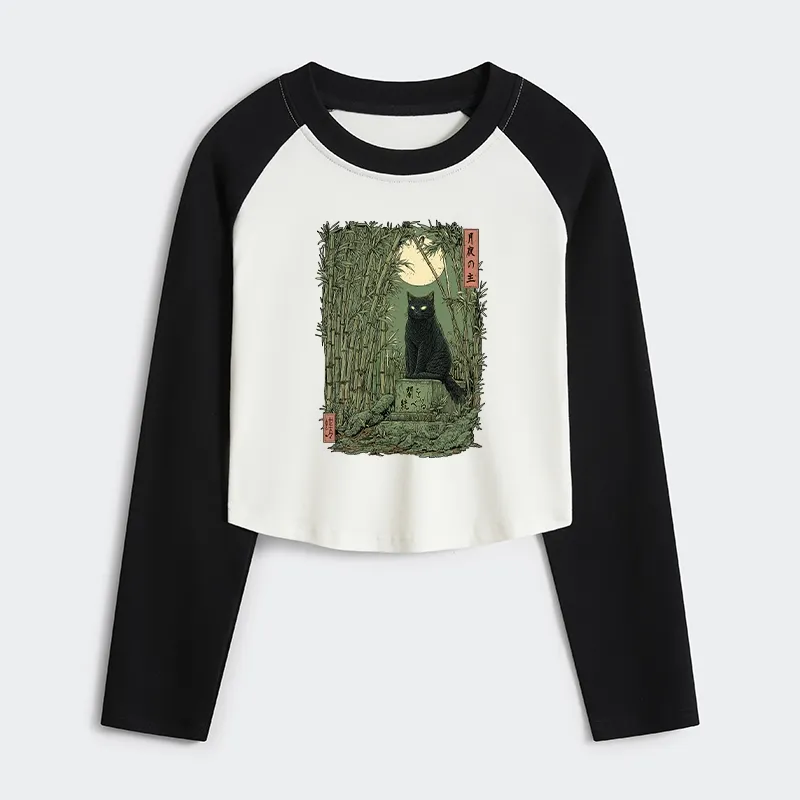 Tokyo-Tiger Black Cat In The Bamboo Forest Women's Crop Raglan T-Shirt