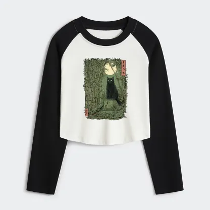 Tokyo-Tiger Black Cat In The Bamboo Forest Women's Crop Raglan T-Shirt