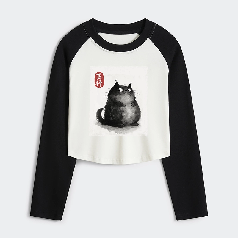 Tokyo-Tiger Auspicious Fluffy Black Cat Ink Painting Women's Crop Raglan T-Shirt