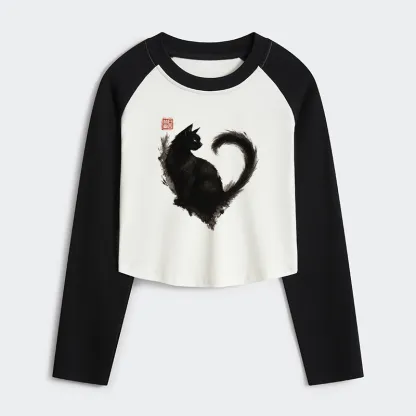 Tokyo-Tiger Funny Heart-Shaped Ink Cat Women's Crop Raglan T-Shirt