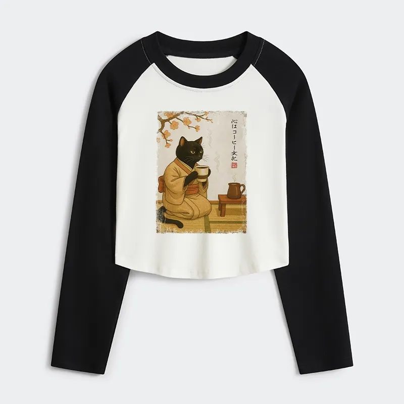 Tokyo-Tiger Cat Heart Full Of Coffee Women's Crop Raglan T-Shirt