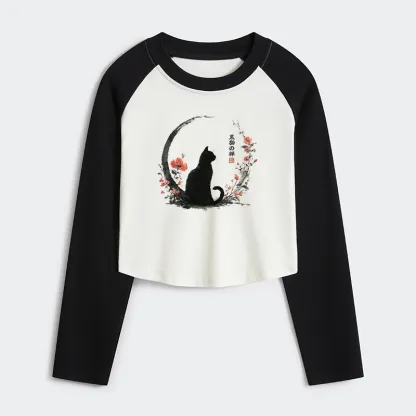 Tokyo-Tiger Black Cat And Flowers Women's Crop Raglan T-Shirt