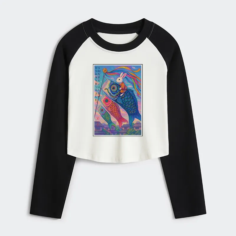 Tokyo-Tiger Ukiyoe Rabbit Ride Carp Streamer Poster Women's Crop Raglan T-Shirt