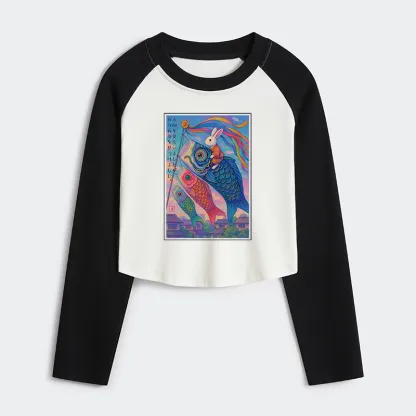 Tokyo-Tiger Ukiyoe Rabbit Ride Carp Streamer Poster Women's Crop Raglan T-Shirt