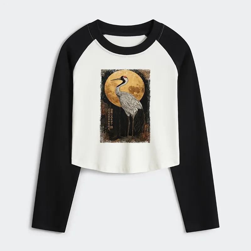 Tokyo-Tiger Vintage Japanese Crane Kanji Women's Crop Raglan T-Shirt