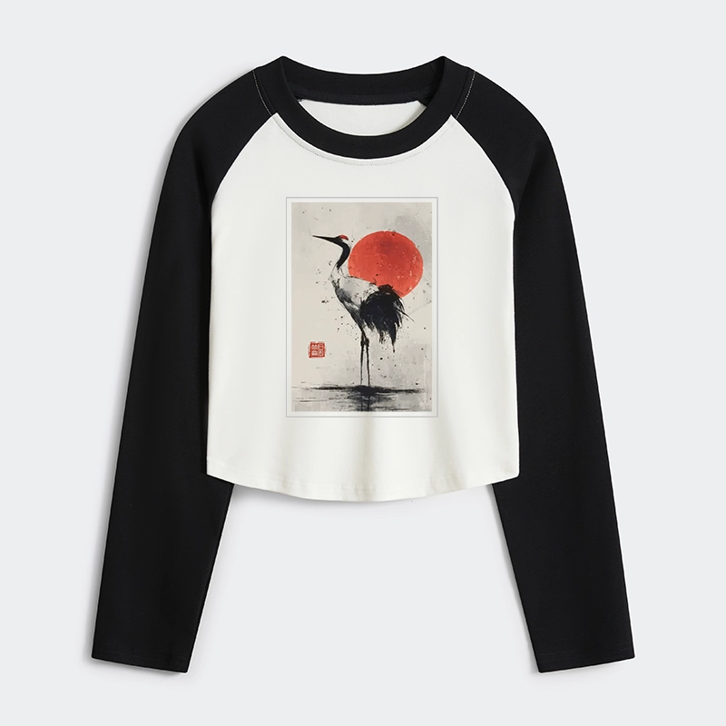 Tokyo-Tiger Retro Japanese Red-crowned Crane Women's Crop Raglan T-Shirt