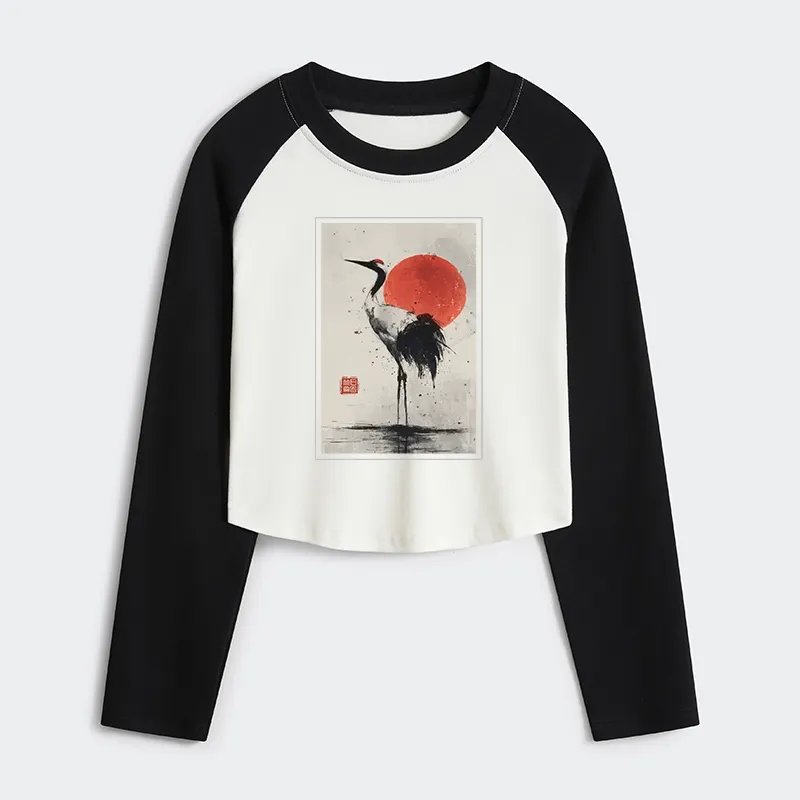 Tokyo-Tiger Retro Japanese Red-crowned Crane Women's Crop Raglan T-Shirt