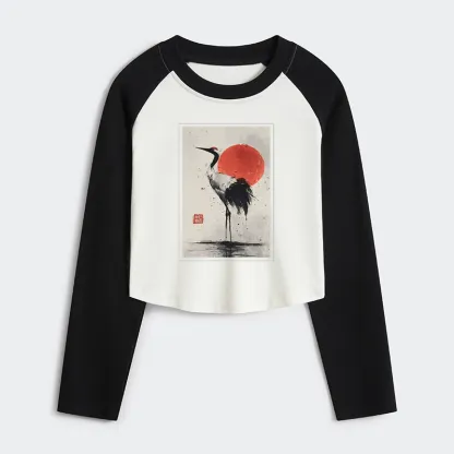 Tokyo-Tiger Retro Japanese Red-crowned Crane Women's Crop Raglan T-Shirt