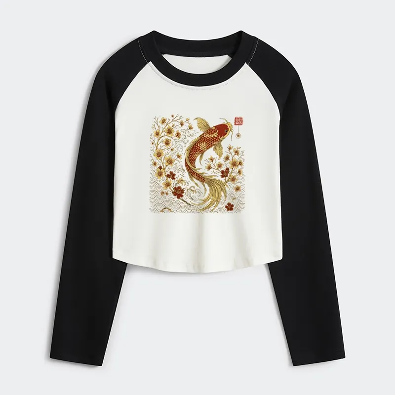 Tokyo-Tiger Vintage Sakura And Koi Women's Crop Raglan T-Shirt