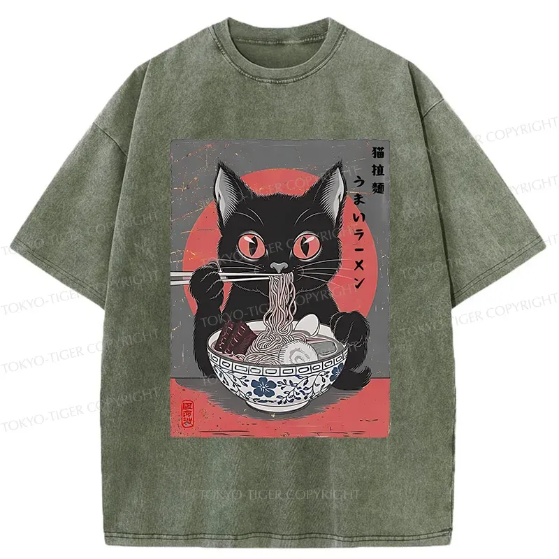 Tokyo-Tiger Black Cat Eating Delicious Ramen Washed T-Shirt