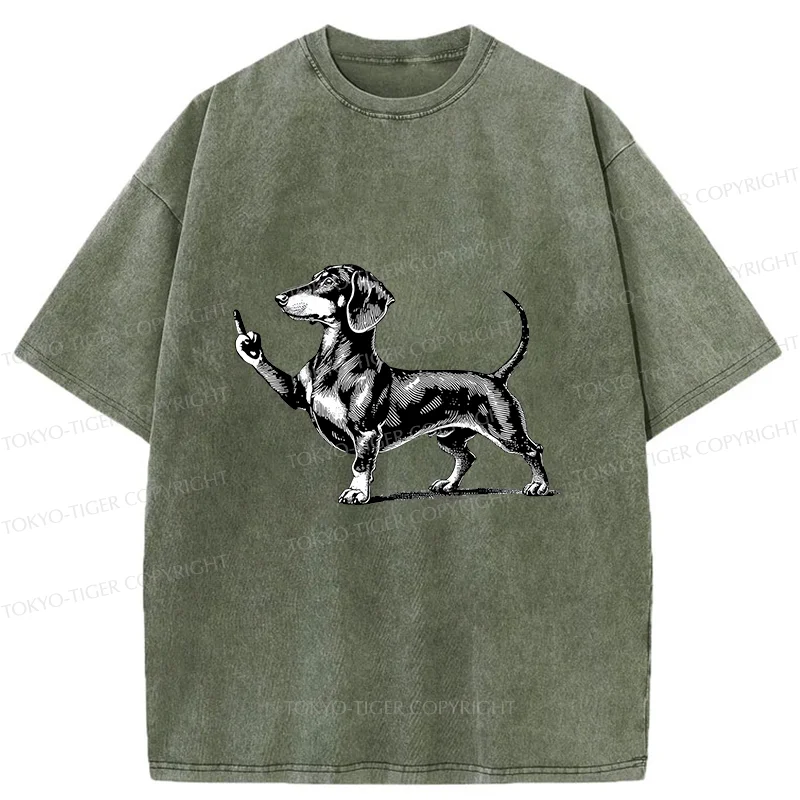 Tokyo-Tiger Dachshund Showing Middle Finger Washed T-Shirt