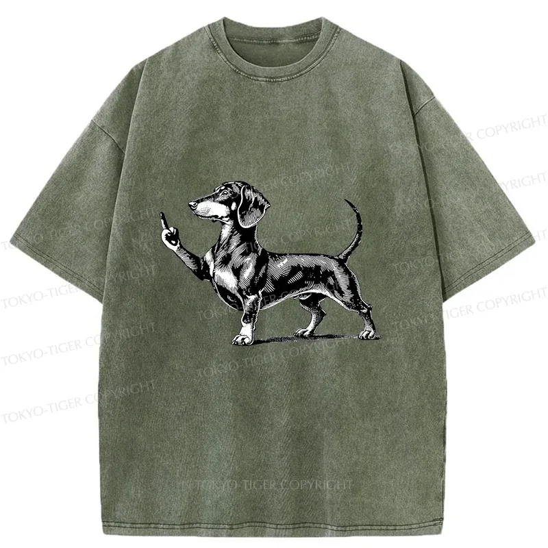 Tokyo-Tiger Dachshund Showing Middle Finger Washed T-Shirt