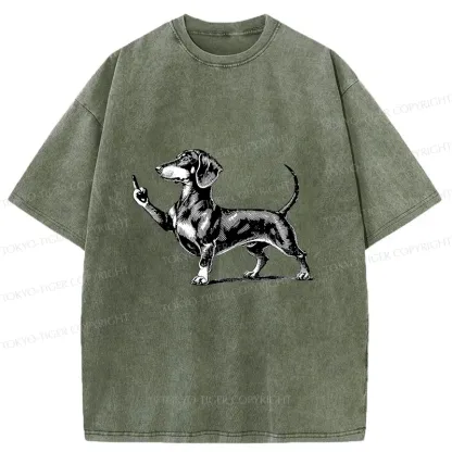 Tokyo-Tiger Dachshund Showing Middle Finger Washed T-Shirt