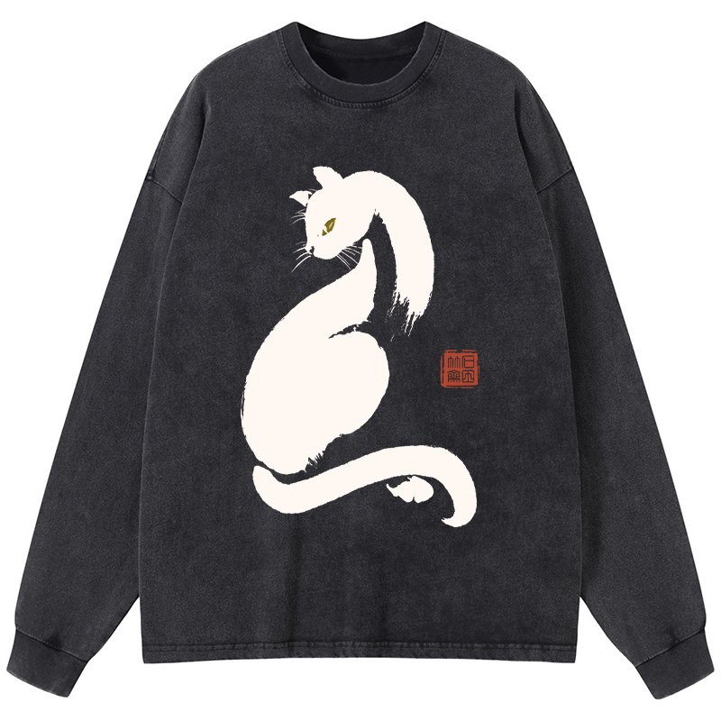 Tokyo-Tiger Elegant Black Cat Japan Washed Long Sleeve T-Shirt