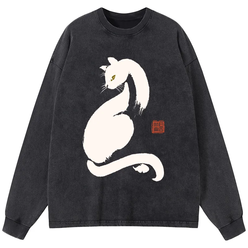 Tokyo-Tiger Elegant Black Cat Japan Washed Long Sleeve T-Shirt