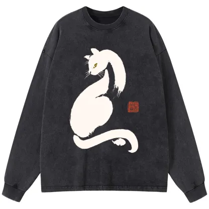 Tokyo-Tiger Elegant Black Cat Japan Washed Long Sleeve T-Shirt