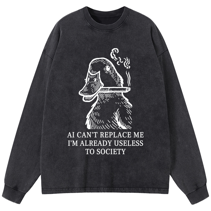 Tokyo-Tiger Smoking Duck Funny Washed Long Sleeve T-Shirt