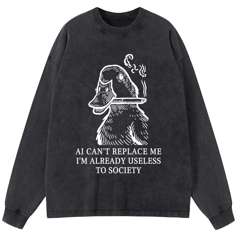 Tokyo-Tiger Smoking Duck Funny Washed Long Sleeve T-Shirt