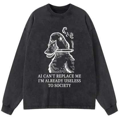 Tokyo-Tiger Smoking Duck Funny Washed Long Sleeve T-Shirt