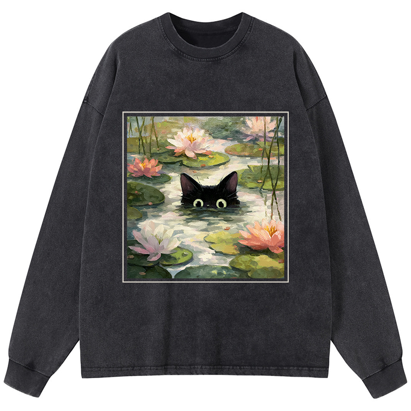 Tokyo-Tiger Black Cat and Lotus Flower Washed Long Sleeve T-Shirt