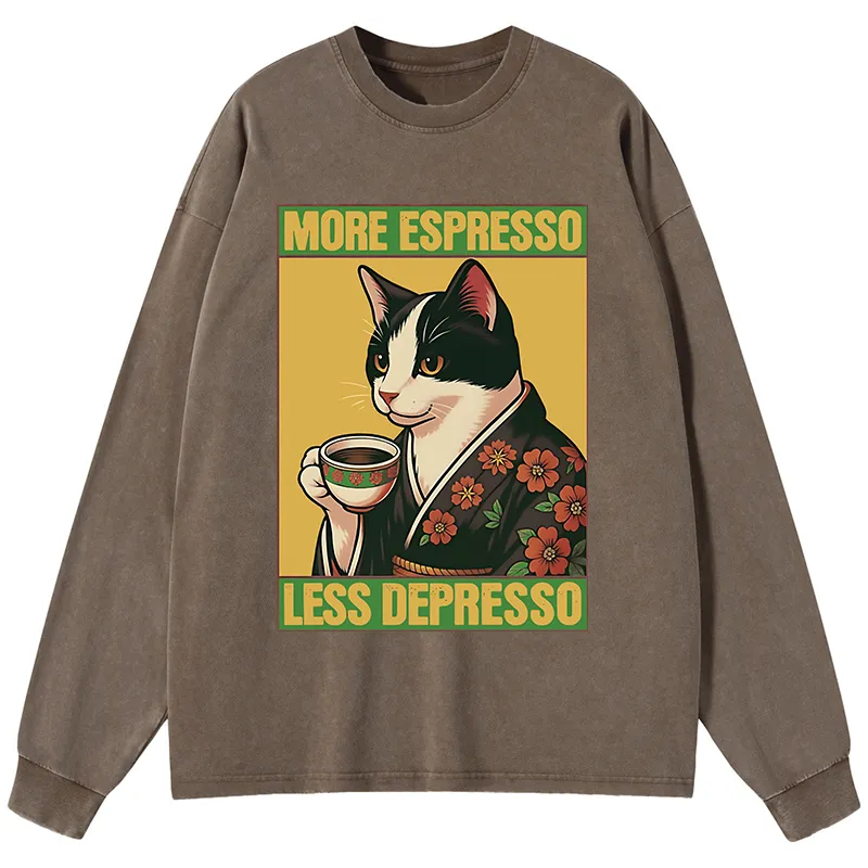 Tokyo-Tiger Tuxedo Cat Drinking Coffee Washed Long Sleeve T-Shirt