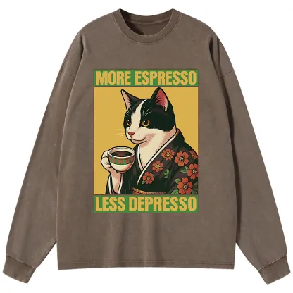 Tokyo-Tiger Tuxedo Cat Drinking Coffee Washed Long Sleeve T-Shirt