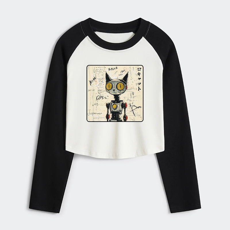 Tokyo-Tiger Robot Cat Women's Crop Raglan T-Shirt