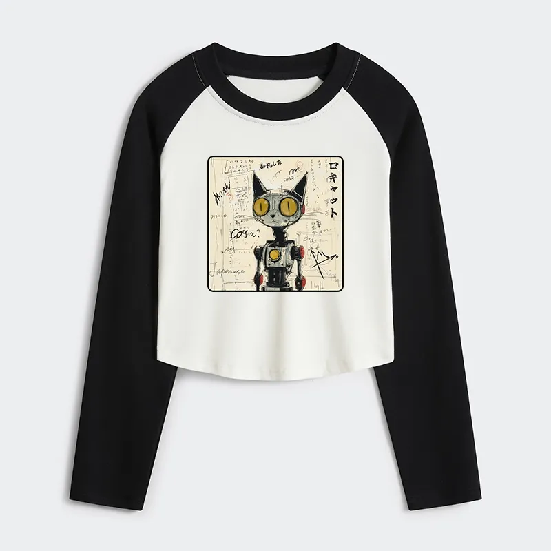 Tokyo-Tiger Robot Cat Women's Crop Raglan T-Shirt