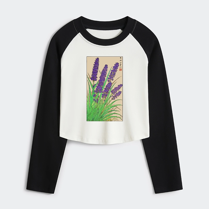 Tokyo-Tiger Japanese Lavender Women's Crop Raglan T-Shirt