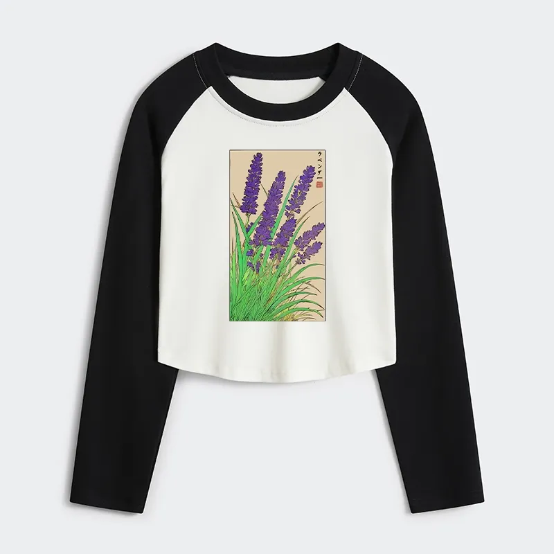 Tokyo-Tiger Japanese Lavender Women's Crop Raglan T-Shirt