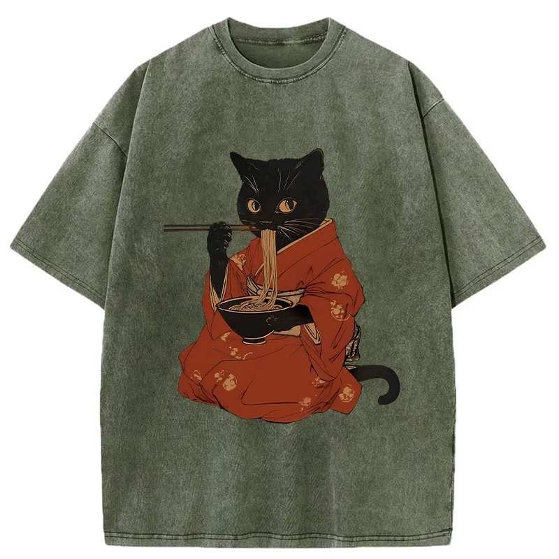 Tokyo-Tiger Cat Addicted To Ramen Washed T-Shirt