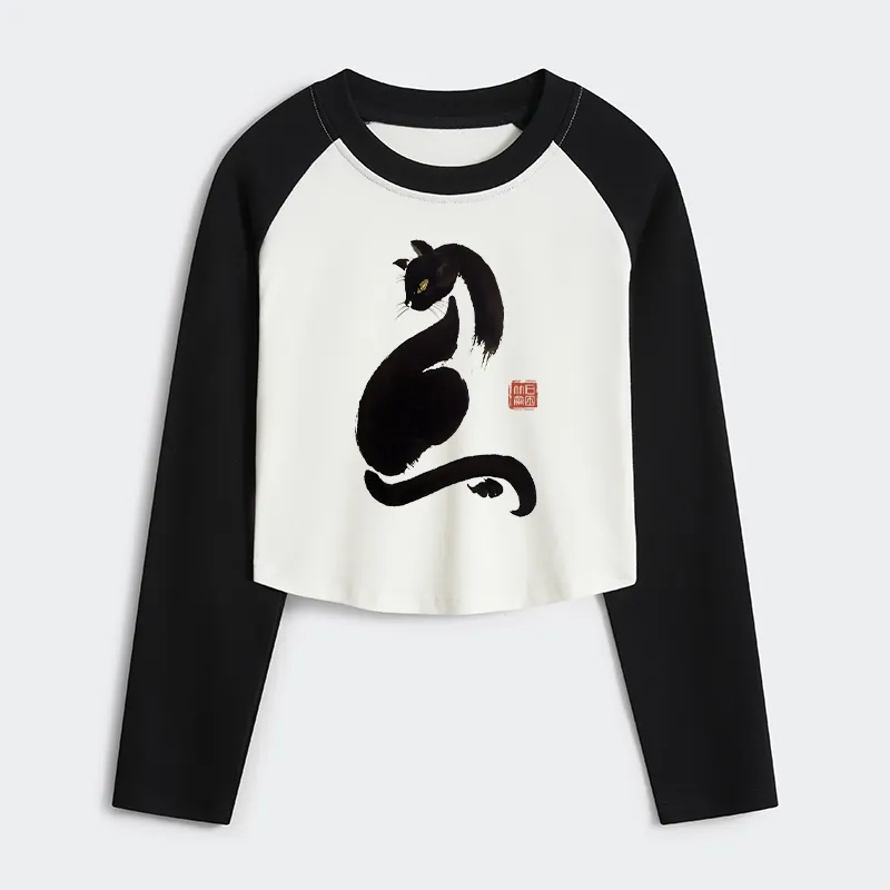Tokyo-Tiger Elegant Black Cat Japan Women's Crop Raglan T-Shirt