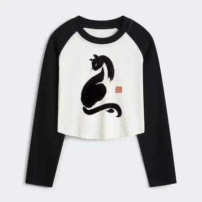 Tokyo-Tiger Elegant Black Cat Japan Women's Crop Raglan T-Shirt