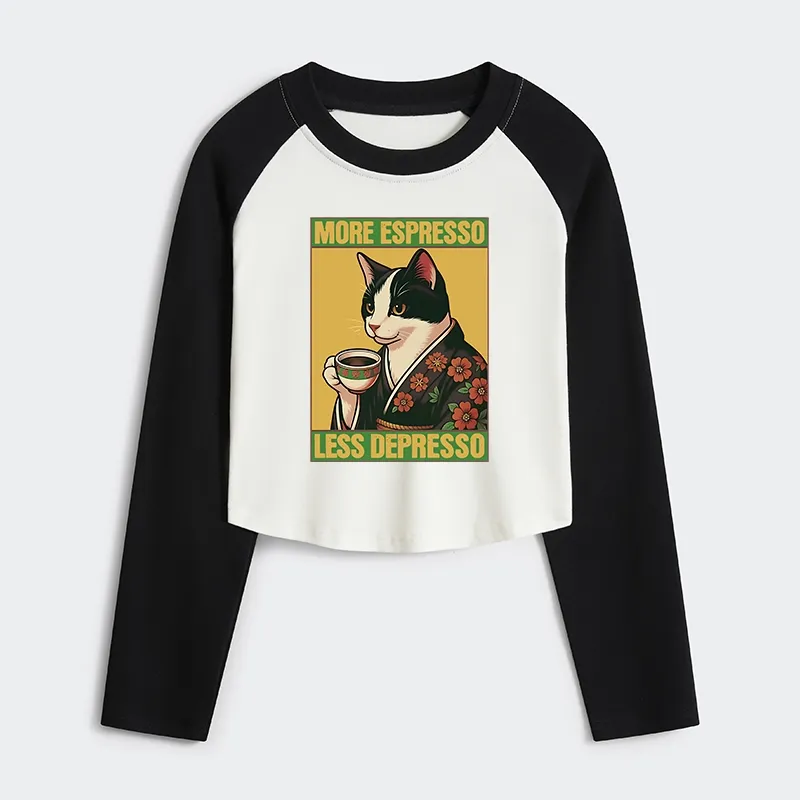 Tokyo-Tiger Tuxedo Cat Drinking Coffee Women's Crop Raglan T-Shirt
