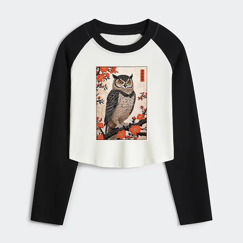 Tokyo-Tiger Vintage Japanese Owl Women's Crop Raglan T-Shirt