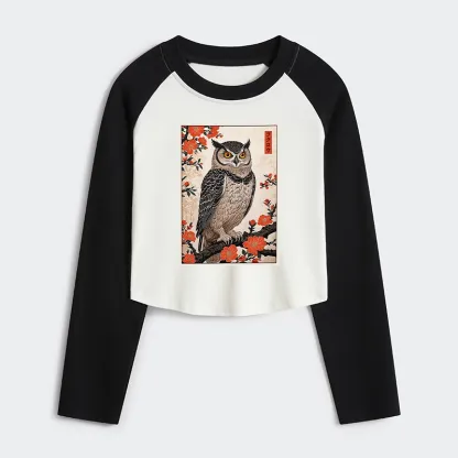Tokyo-Tiger Vintage Japanese Owl Women's Crop Raglan T-Shirt