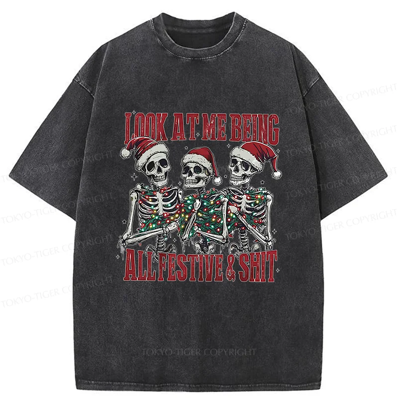 Tokyo-Tiger Funny Christmas Skull Washed T-Shirt