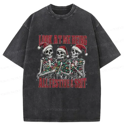 Tokyo-Tiger Funny Christmas Skull Washed T-Shirt