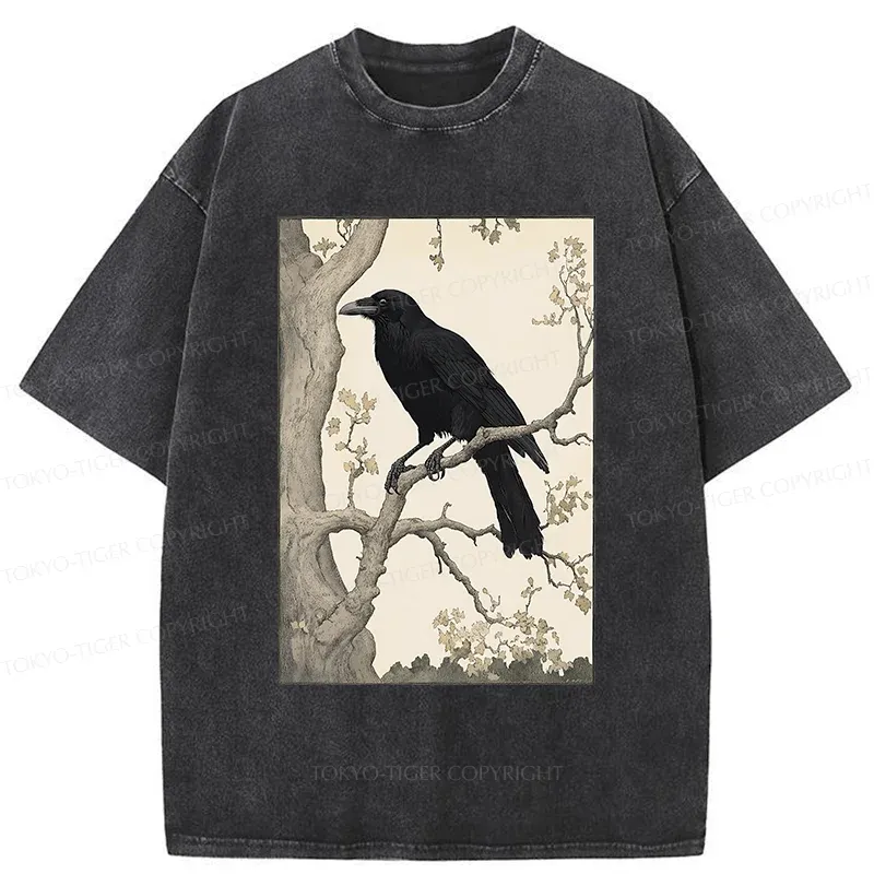Tokyo-Tiger Ancient Painting Of Crow Washed T-Shirt