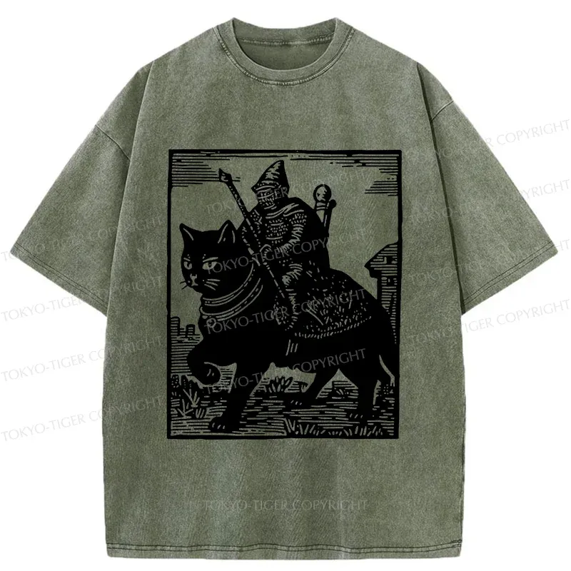 Tokyo-Tiger Knight Riding A Cat Washed T-Shirt