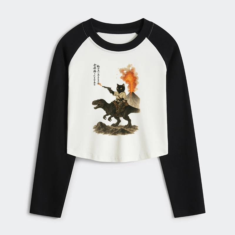 Tokyo-Tiger Cat Riding A Dinosaur Women's Crop Raglan T-Shirt